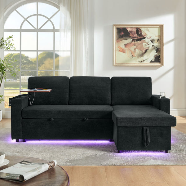 English Elm Modern Chenille Pull-Out Bed Sofa With Led Lights, Usb Ports, Cup Holders & Retractable Table, Black W1413S00098