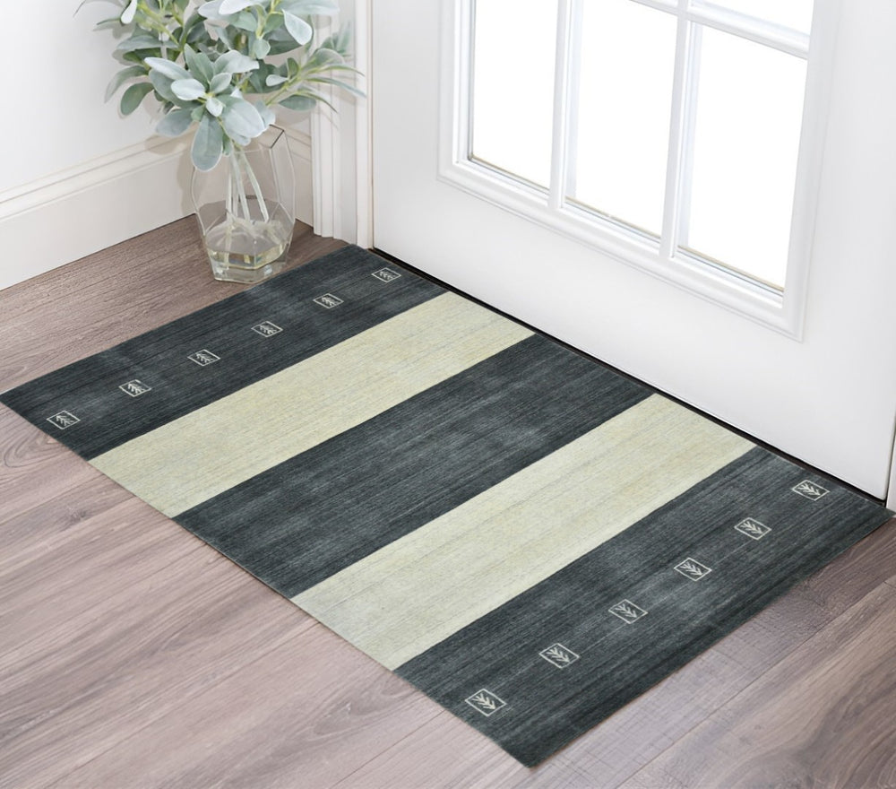 HomeRoots 2' Hand-Woven Charcoal and Ivory Wool Striped Area Rug for Timeless Style in Any Room 2' X 3' 570696