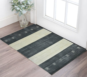 HomeRoots 2' Hand-Woven Charcoal and Ivory Wool Striped Area Rug for Timeless Style in Any Room 2' X 3' 570696