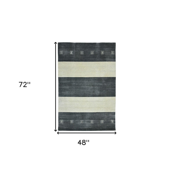 HomeRoots 2' Hand-Woven Charcoal and Ivory Wool Striped Area Rug for Timeless Style in Any Room 4' X 6' 570697