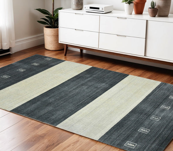 HomeRoots 2' Hand-Woven Charcoal and Ivory Wool Striped Area Rug for Timeless Style in Any Room 4' X 6' 570697