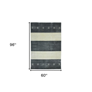 HomeRoots 2' Hand-Woven Charcoal and Ivory Wool Striped Area Rug for Timeless Style in Any Room 5' X 8' 570698
