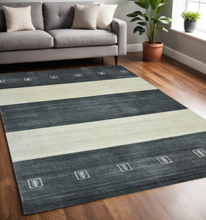 HomeRoots 2' Hand-Woven Charcoal and Ivory Wool Striped Area Rug for Timeless Style in Any Room 5' X 8' 570698