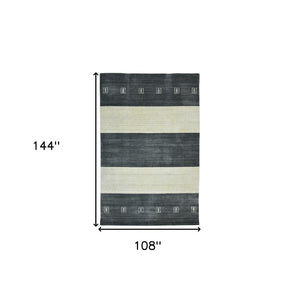 HomeRoots 2' Hand-Woven Charcoal and Ivory Wool Striped Area Rug for Timeless Style in Any Room 9' X 12' 570700