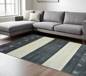 HomeRoots 2' Hand-Woven Charcoal and Ivory Wool Striped Area Rug for Timeless Style in Any Room 9' X 12' 570700