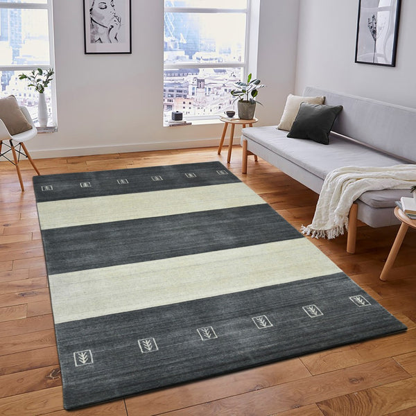 HomeRoots 2' Hand-Woven Charcoal and Ivory Wool Striped Area Rug for Timeless Style in Any Room 10' X 14' 570701