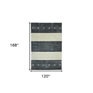 HomeRoots 2' Hand-Woven Charcoal and Ivory Wool Striped Area Rug for Timeless Style in Any Room 10' X 14' 570701