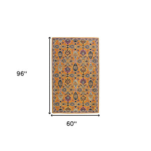 HomeRoots 5' Vibrant Floral Hand-Tufted Wool Area Rug - Artisanal Orange, Purple & Blue Design for Cozy Spaces 5' X 8' 570703