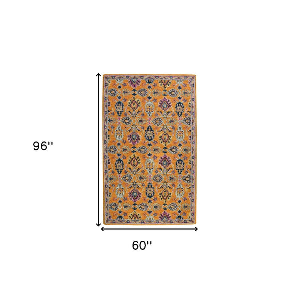 HomeRoots 5' Vibrant Floral Hand-Tufted Wool Area Rug - Artisanal Orange, Purple & Blue Design for Cozy Spaces 5' X 8' 570703