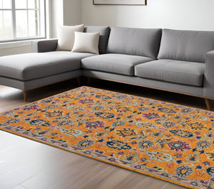 HomeRoots 5' Vibrant Floral Hand-Tufted Wool Area Rug - Artisanal Orange, Purple & Blue Design for Cozy Spaces 8' X 11' 570705