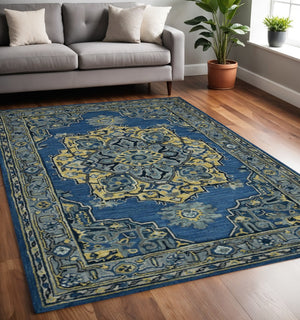 HomeRoots 5' Teal and Gray Wool Medallion Area Rug - Hand-Tufted Artisan Craftsmanship for Cozy Spaces 5' X 8' 570707