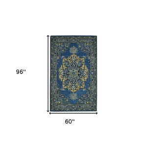 HomeRoots 5' Teal and Gray Wool Medallion Area Rug - Hand-Tufted Artisan Craftsmanship for Cozy Spaces 5' X 8' 570707