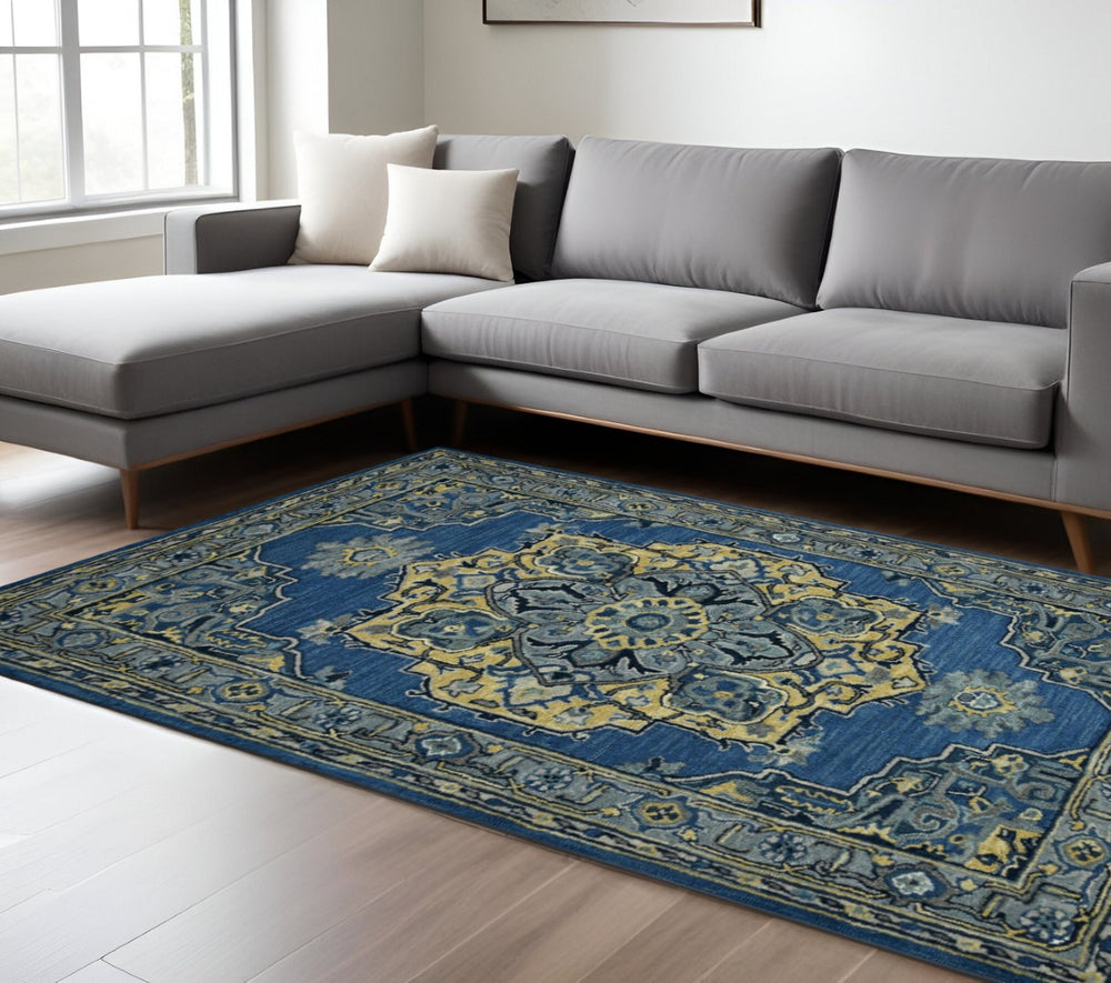 HomeRoots 5' Teal and Gray Wool Medallion Area Rug - Hand-Tufted Artisan Craftsmanship for Cozy Spaces 8' X 10' 570708