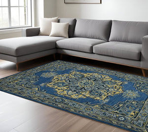 HomeRoots 5' Teal and Gray Wool Medallion Area Rug - Hand-Tufted Artisan Craftsmanship for Cozy Spaces 8' X 10' 570708