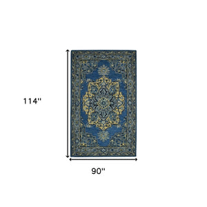HomeRoots 5' Teal and Gray Wool Medallion Area Rug - Hand-Tufted Artisan Craftsmanship for Cozy Spaces 8' X 10' 570708