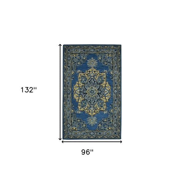 HomeRoots 5' Teal and Gray Wool Medallion Area Rug - Hand-Tufted Artisan Craftsmanship for Cozy Spaces 8' X 11' 570709