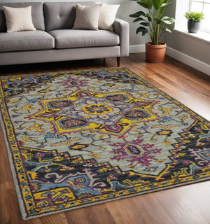 HomeRoots 5' Hand-Tufted Wool Medallion Area Rug in Gray, Purple & Gold - Artisanal Comfort for Your Home 5' X 8' 570711