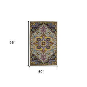 HomeRoots 5' Hand-Tufted Wool Medallion Area Rug in Gray, Purple & Gold - Artisanal Comfort for Your Home 5' X 8' 570711