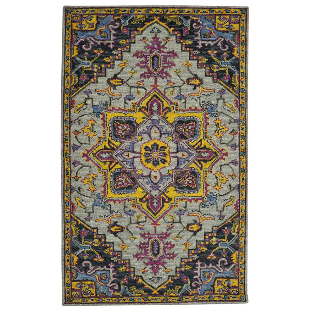 HomeRoots 5' Hand-Tufted Wool Medallion Area Rug in Gray, Purple & Gold - Artisanal Comfort for Your Home 8' X 10' 570712