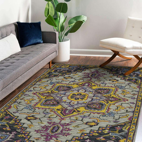 HomeRoots 5' Hand-Tufted Wool Medallion Area Rug in Gray, Purple & Gold - Artisanal Comfort for Your Home 8' X 11' 570713