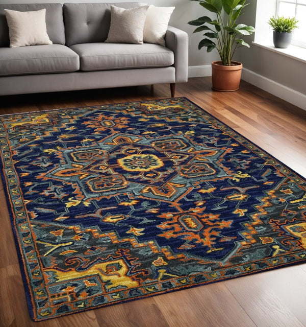HomeRoots 5' Exquisite Blue Teal and Brick Red Hand-Tufted Wool Medallion Area Rug for Cozy Spaces 5' X 8' 570715