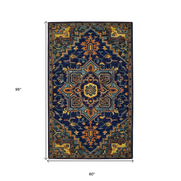 HomeRoots 5' Exquisite Blue Teal and Brick Red Hand-Tufted Wool Medallion Area Rug for Cozy Spaces 5' X 8' 570715