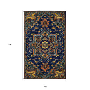 HomeRoots 5' Exquisite Blue Teal and Brick Red Hand-Tufted Wool Medallion Area Rug for Cozy Spaces 8' X 10' 570716