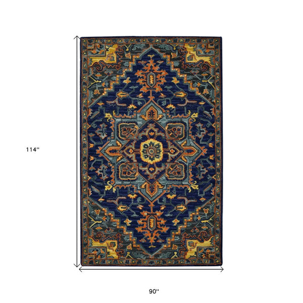 HomeRoots 5' Exquisite Blue Teal and Brick Red Hand-Tufted Wool Medallion Area Rug for Cozy Spaces 8' X 10' 570716
