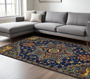 HomeRoots 5' Exquisite Blue Teal and Brick Red Hand-Tufted Wool Medallion Area Rug for Cozy Spaces 8' X 11' 570717