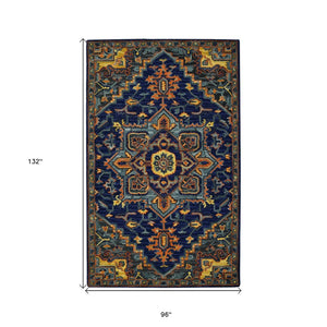 HomeRoots 5' Exquisite Blue Teal and Brick Red Hand-Tufted Wool Medallion Area Rug for Cozy Spaces 8' X 11' 570717