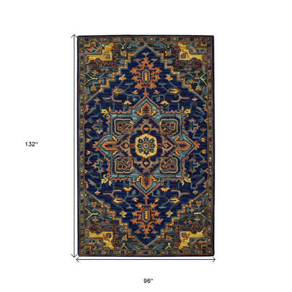 HomeRoots 5' Exquisite Blue Teal and Brick Red Hand-Tufted Wool Medallion Area Rug for Cozy Spaces 8' X 11' 570717