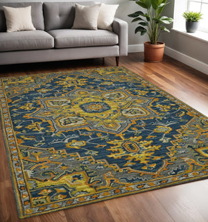 HomeRoots 5' Blue Gray and Orange Wool Medallion Hand-Tufted Area Rug - Bohemian Elegance for Your Home 5' X 8' 570719