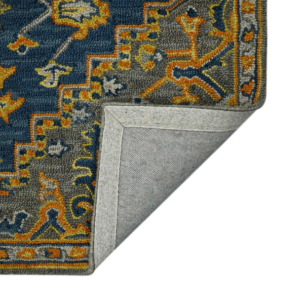 HomeRoots 5' Blue Gray and Orange Wool Medallion Hand-Tufted Area Rug - Bohemian Elegance for Your Home 5' X 8' 570719