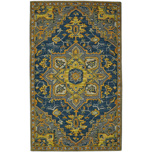 HomeRoots 5' Blue Gray and Orange Wool Medallion Hand-Tufted Area Rug - Bohemian Elegance for Your Home 5' X 8' 570719