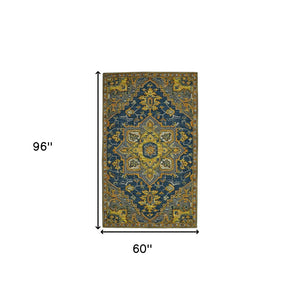 HomeRoots 5' Blue Gray and Orange Wool Medallion Hand-Tufted Area Rug - Bohemian Elegance for Your Home 5' X 8' 570719