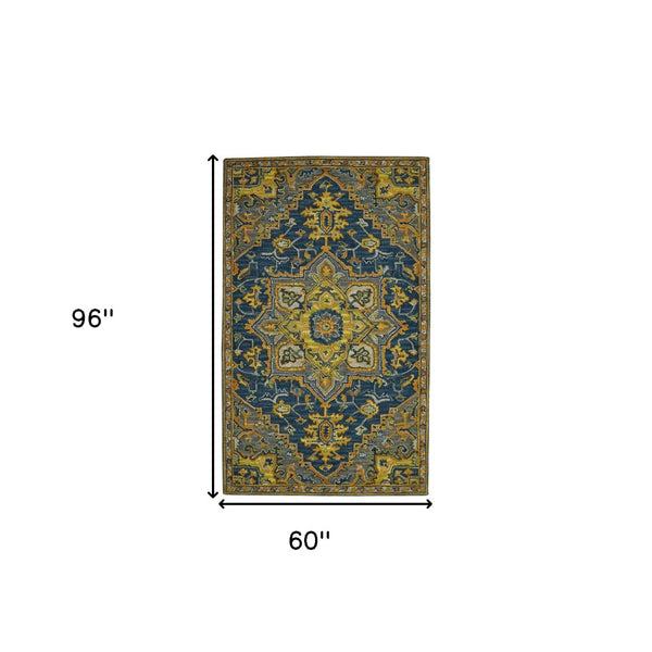 HomeRoots 5' Blue Gray and Orange Wool Medallion Hand-Tufted Area Rug - Bohemian Elegance for Your Home 5' X 8' 570719