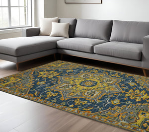 HomeRoots 5' Blue Gray and Orange Wool Medallion Hand-Tufted Area Rug - Bohemian Elegance for Your Home 8' X 10' 570720