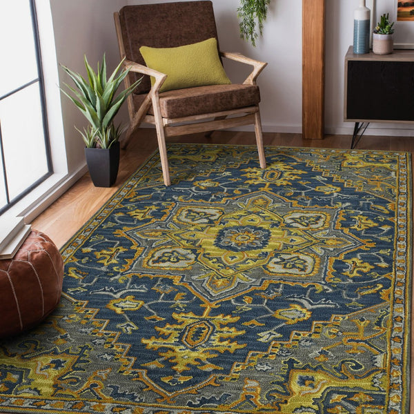 HomeRoots 5' Blue Gray and Orange Wool Medallion Hand-Tufted Area Rug - Bohemian Elegance for Your Home 8' X 10' 570720