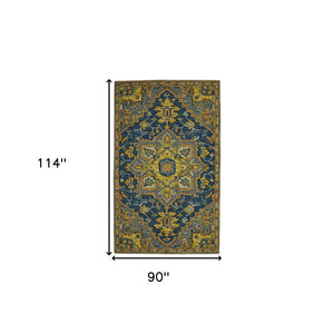 HomeRoots 5' Blue Gray and Orange Wool Medallion Hand-Tufted Area Rug - Bohemian Elegance for Your Home 8' X 10' 570720