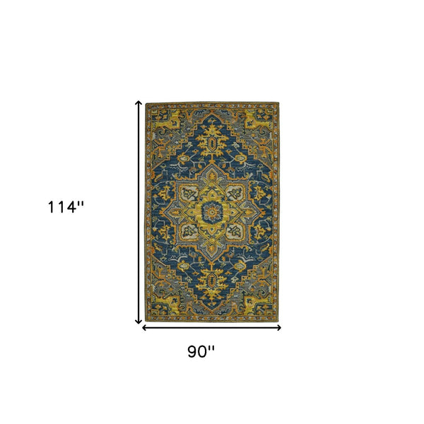 HomeRoots 5' Blue Gray and Orange Wool Medallion Hand-Tufted Area Rug - Bohemian Elegance for Your Home 8' X 10' 570720