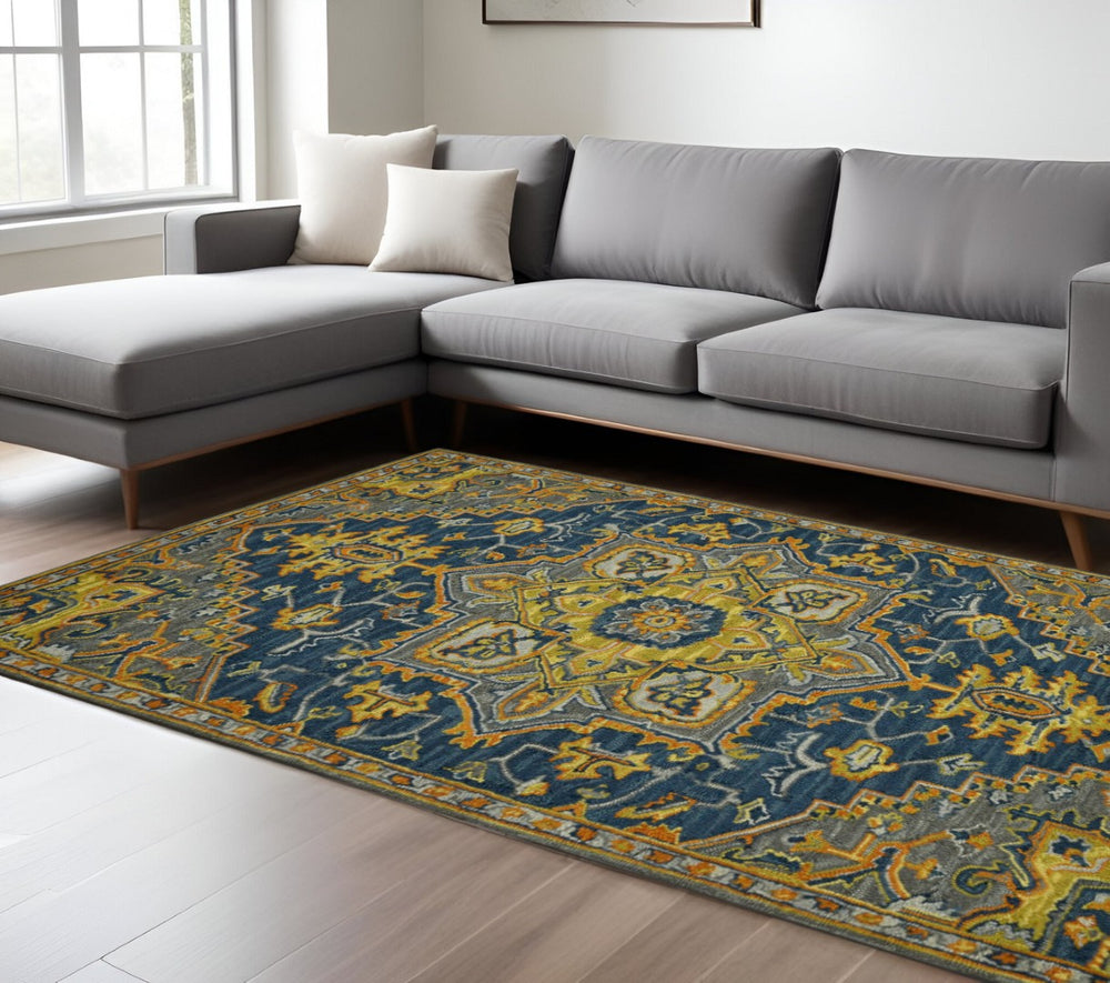 HomeRoots 5' Blue Gray and Orange Wool Medallion Hand-Tufted Area Rug - Bohemian Elegance for Your Home 8' X 11' 570721