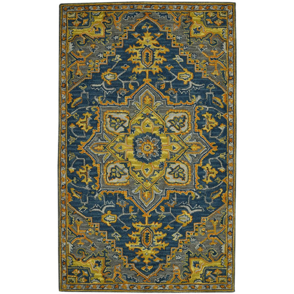 HomeRoots 5' Blue Gray and Orange Wool Medallion Hand-Tufted Area Rug - Bohemian Elegance for Your Home 8' X 11' 570721