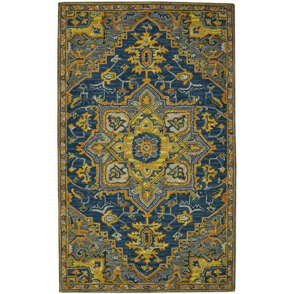 HomeRoots 5' Blue Gray and Orange Wool Medallion Hand-Tufted Area Rug - Bohemian Elegance for Your Home 8' X 11' 570721