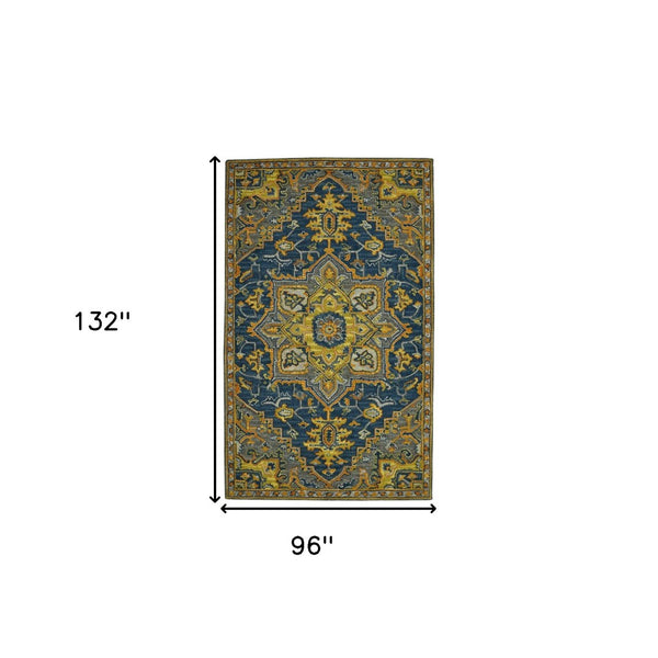 HomeRoots 5' Blue Gray and Orange Wool Medallion Hand-Tufted Area Rug - Bohemian Elegance for Your Home 8' X 11' 570721