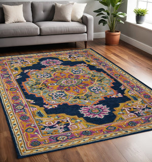 HomeRoots 5' Hand-Tufted Wool Medallion Area Rug - Bohemian Blue, Purple & Brown Design for Cozy Spaces 5' X 8' 570723