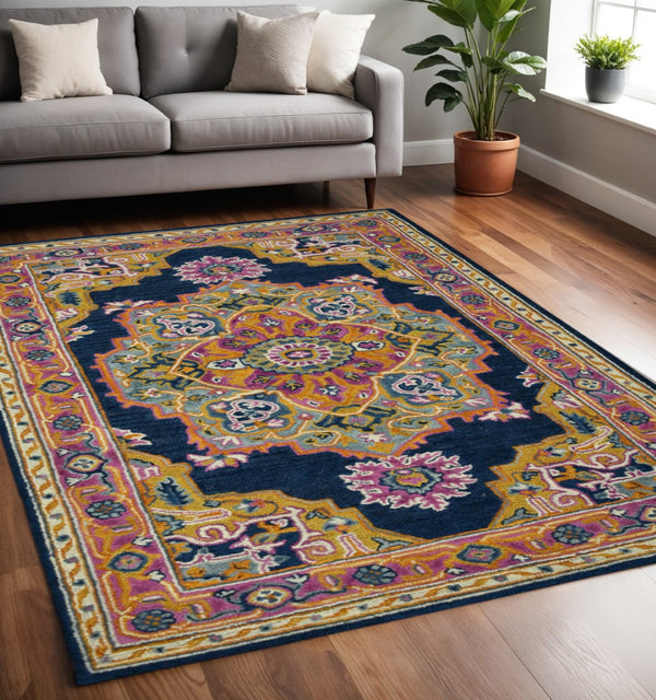 HomeRoots 5' Hand-Tufted Wool Medallion Area Rug - Bohemian Blue, Purple & Brown Design for Cozy Spaces 5' X 8' 570723