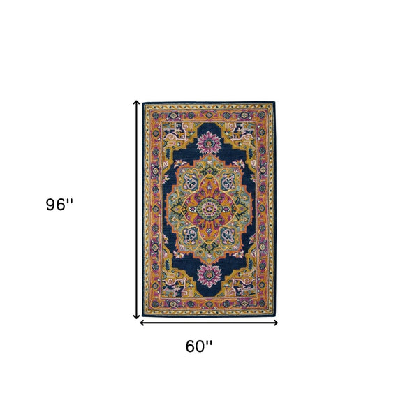 HomeRoots 5' Hand-Tufted Wool Medallion Area Rug - Bohemian Blue, Purple & Brown Design for Cozy Spaces 5' X 8' 570723