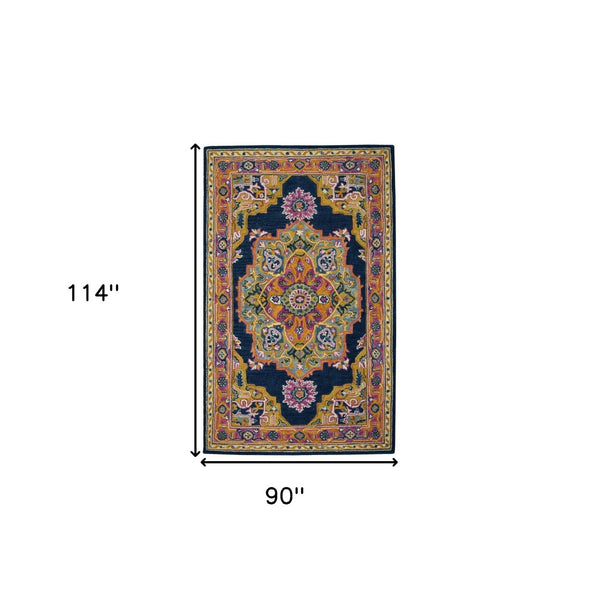 HomeRoots 5' Hand-Tufted Wool Medallion Area Rug - Bohemian Blue, Purple & Brown Design for Cozy Spaces 8' X 10' 570724
