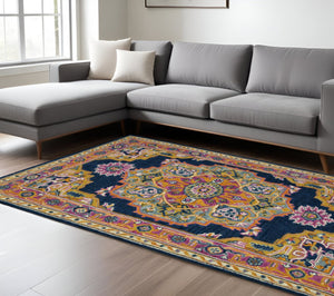 HomeRoots 5' Hand-Tufted Wool Medallion Area Rug - Bohemian Blue, Purple & Brown Design for Cozy Spaces 8' X 11' 570725