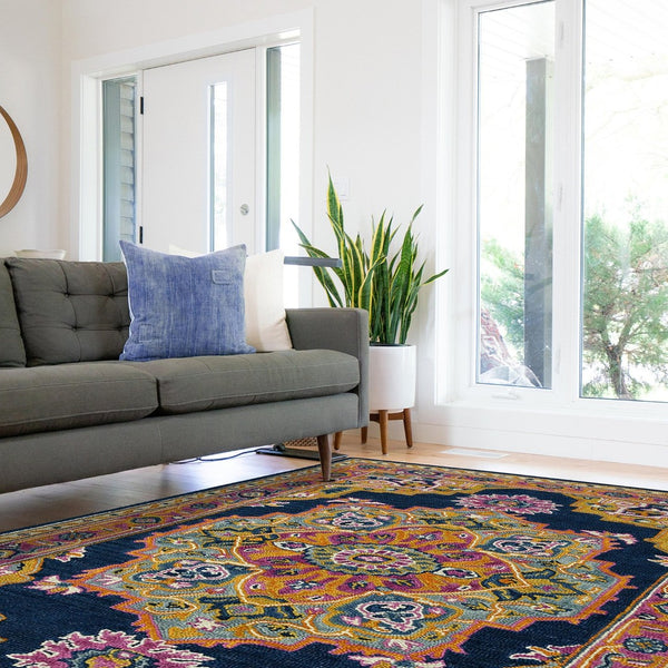 HomeRoots 5' Hand-Tufted Wool Medallion Area Rug - Bohemian Blue, Purple & Brown Design for Cozy Spaces 8' X 11' 570725